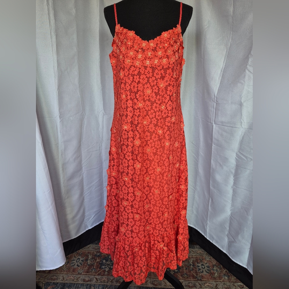 Michael Kors 3D Floral Maxi Dress Size Large Coral Orange Lined V Neck Fairy - Picture 2 of 16